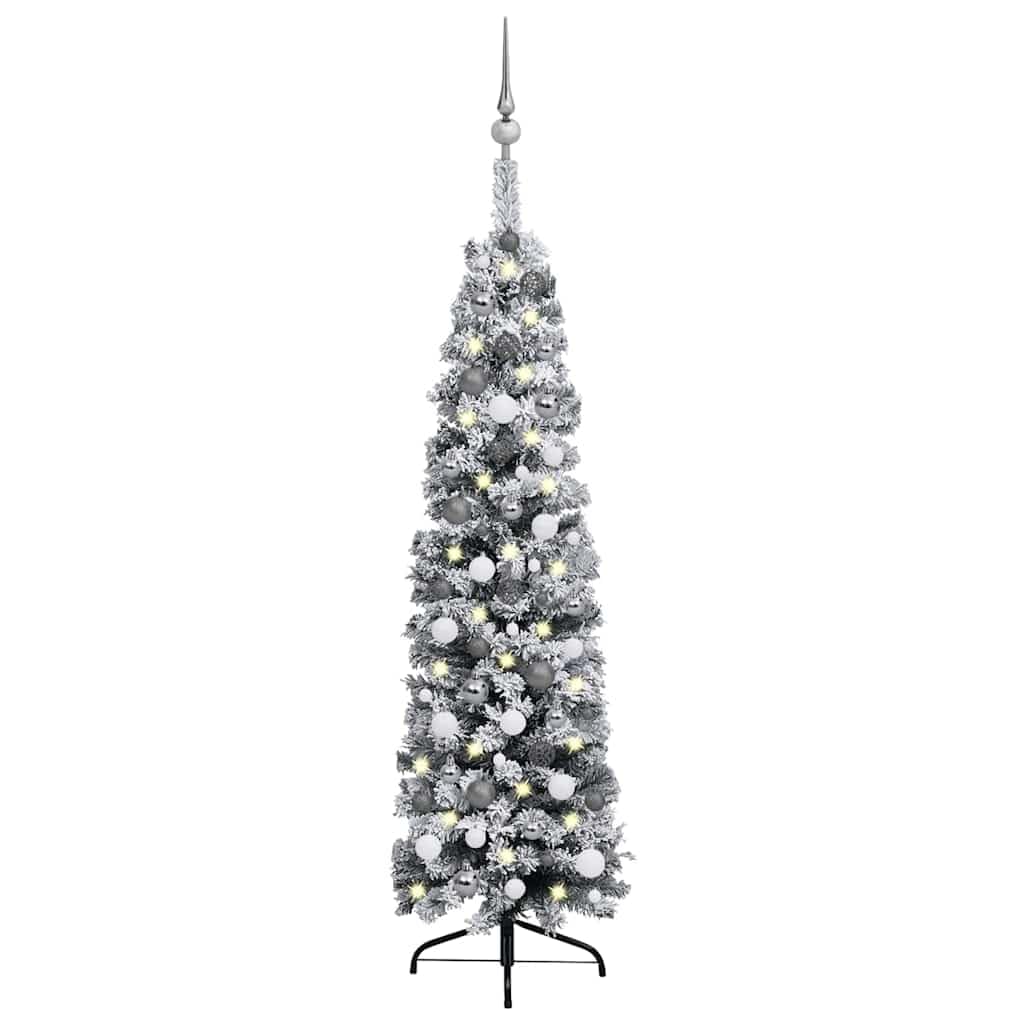 Vidaxl Slim Artificial Pre-Lit Christmas Tree - Green, 59.1&quot; With White And Gray Ball Set & Led Lights