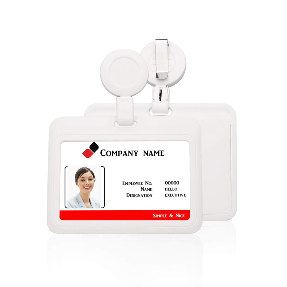 Id Badge Holder Case Horizontal With Reel Clip Retractable Heavy Duty Credit Card Business Card Office Supplies (White)