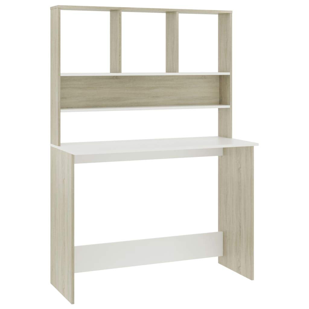 vidaXL Engineered Wood Desk with Shelves - Space-Saving Vertical Design, Modern Style, White and Sonoma Oak, 43.3&quot;x17.7&quot;x61.8&quot; - Ample Storage Solution for Office or Dorm Room