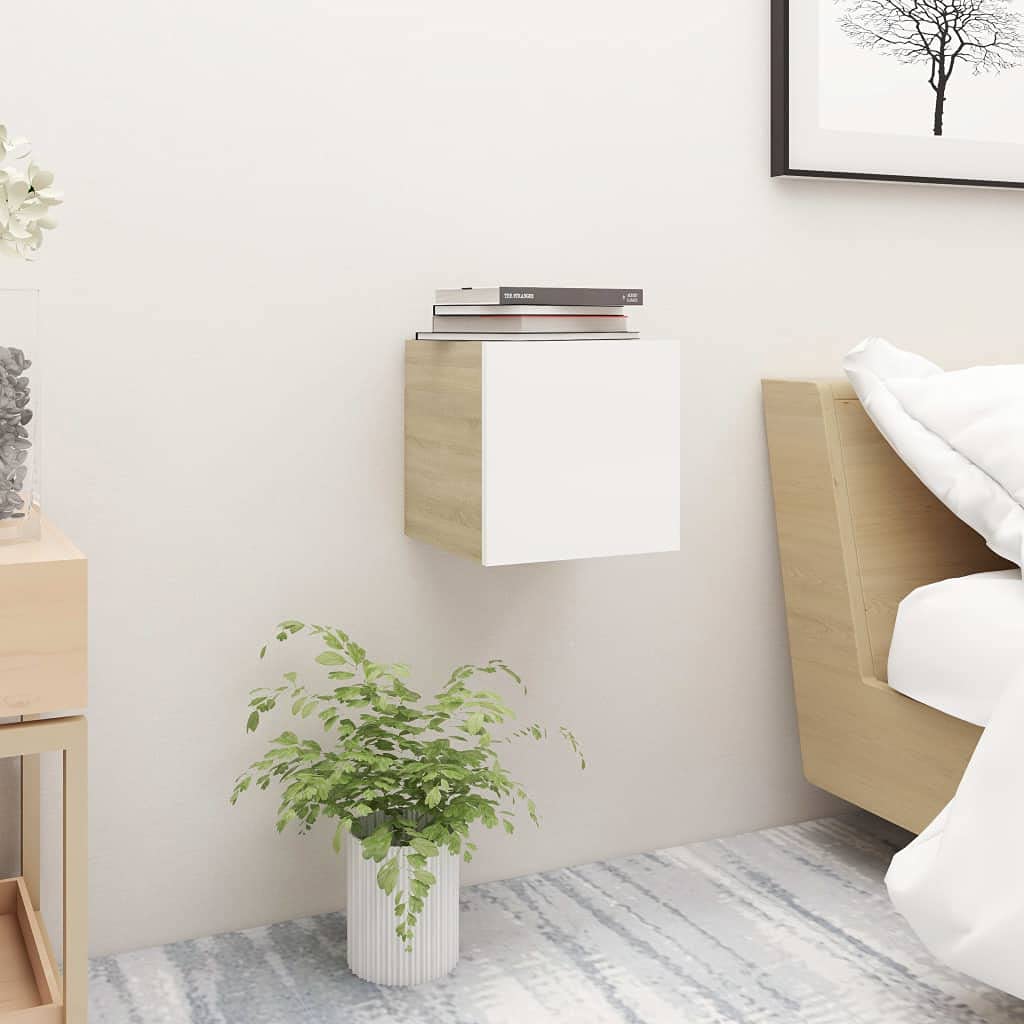 vidaXL Bedside Cabinet in White and Sonoma Oak | Compact and Stylish | Side Table | Nightstand | Wall Mounted | Engineered Wood | Scandinavian & Modern Style