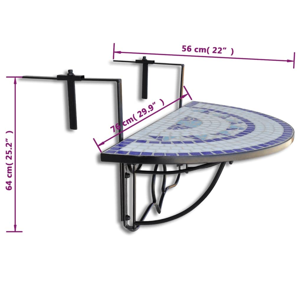 vidaXL - Blue and White Mosaic Hanging Balcony Table | Iron Tube and Ceramic Tile Material, Semi-Circular Design, Outdoor Patio Coffee Table - Foldable Space-Saving Design