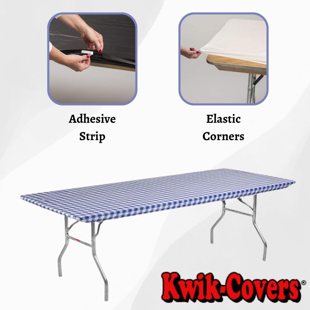 Kwik-Covers Rectangular Plastic Table Covers 8' Bundle Of 5 With Seventy (70) Ohm Commerce Paper Napkins - Indoor Or Outdoor Fitted Table Covers (Table Not Included) (30X96, Blue Gingham)