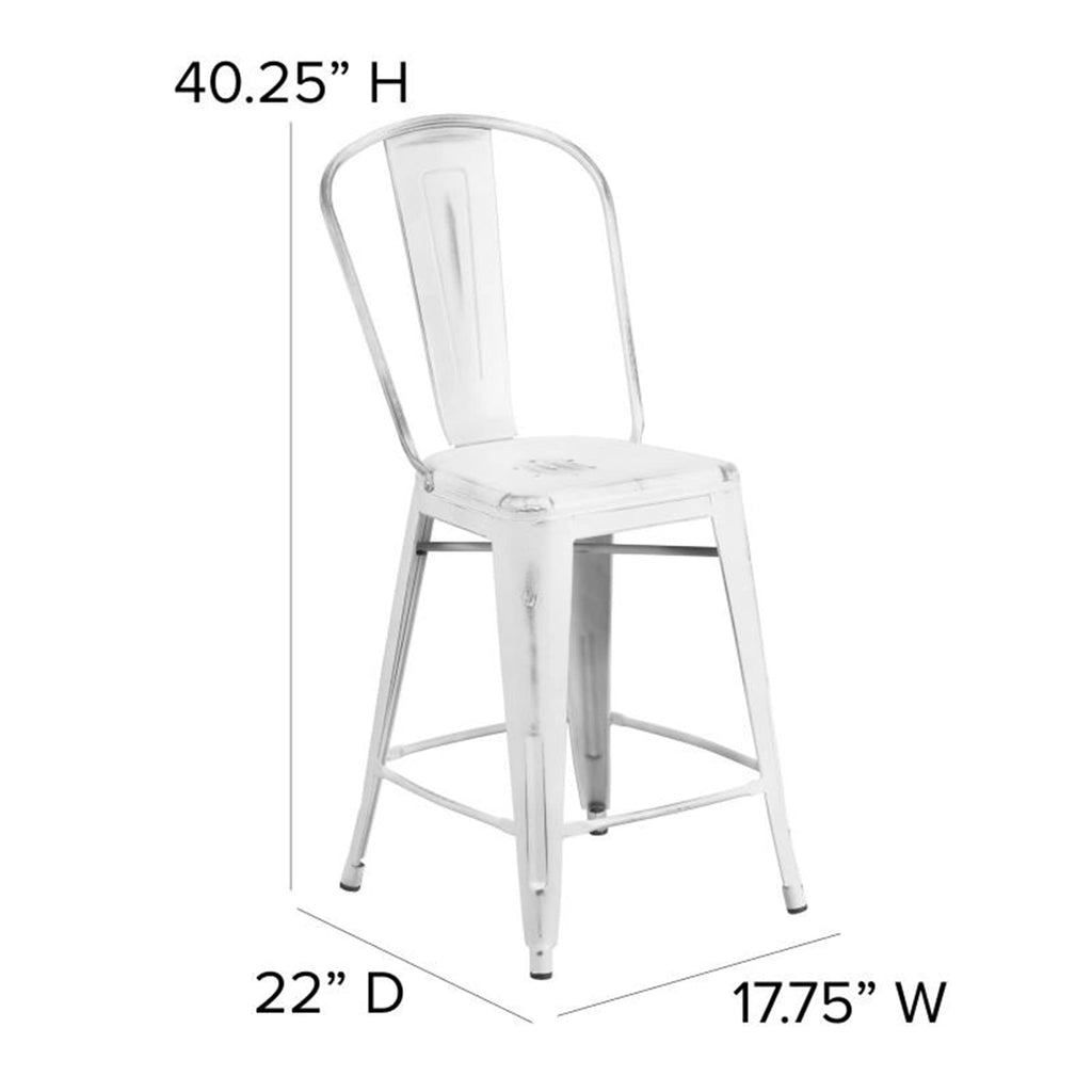 Flash Furniture Carly Commercial Grade 24" High White Metal Indoor-Outdoor Counter Height Stool with Back and Gray Polystyrene Seat