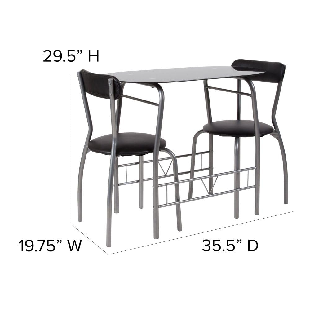 Flash Furniture Sutton 3 Piece Space-Saver Bistro Set with Black Glass Top Table and Black Vinyl Padded Chairs