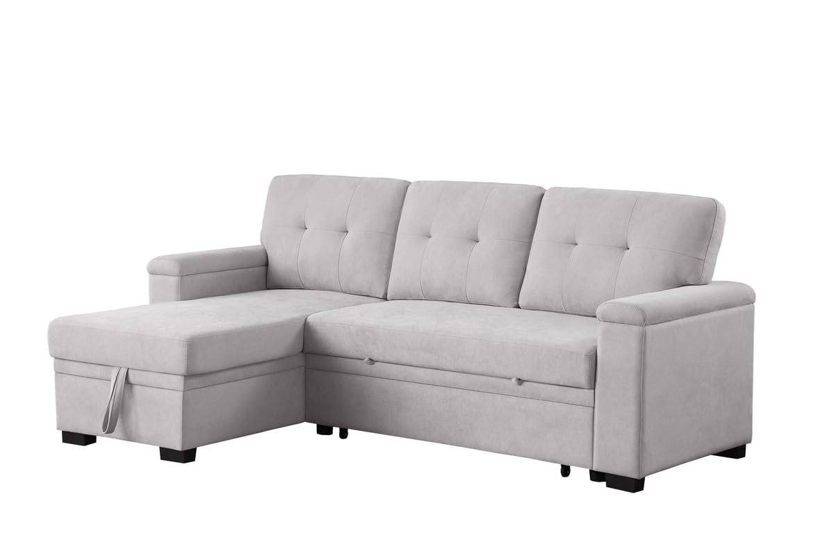 Lucca Ii 84.5&quot; W Light Gray Woven Fabric Reversible Sleeper Sectional Sofa With Storage Chaise