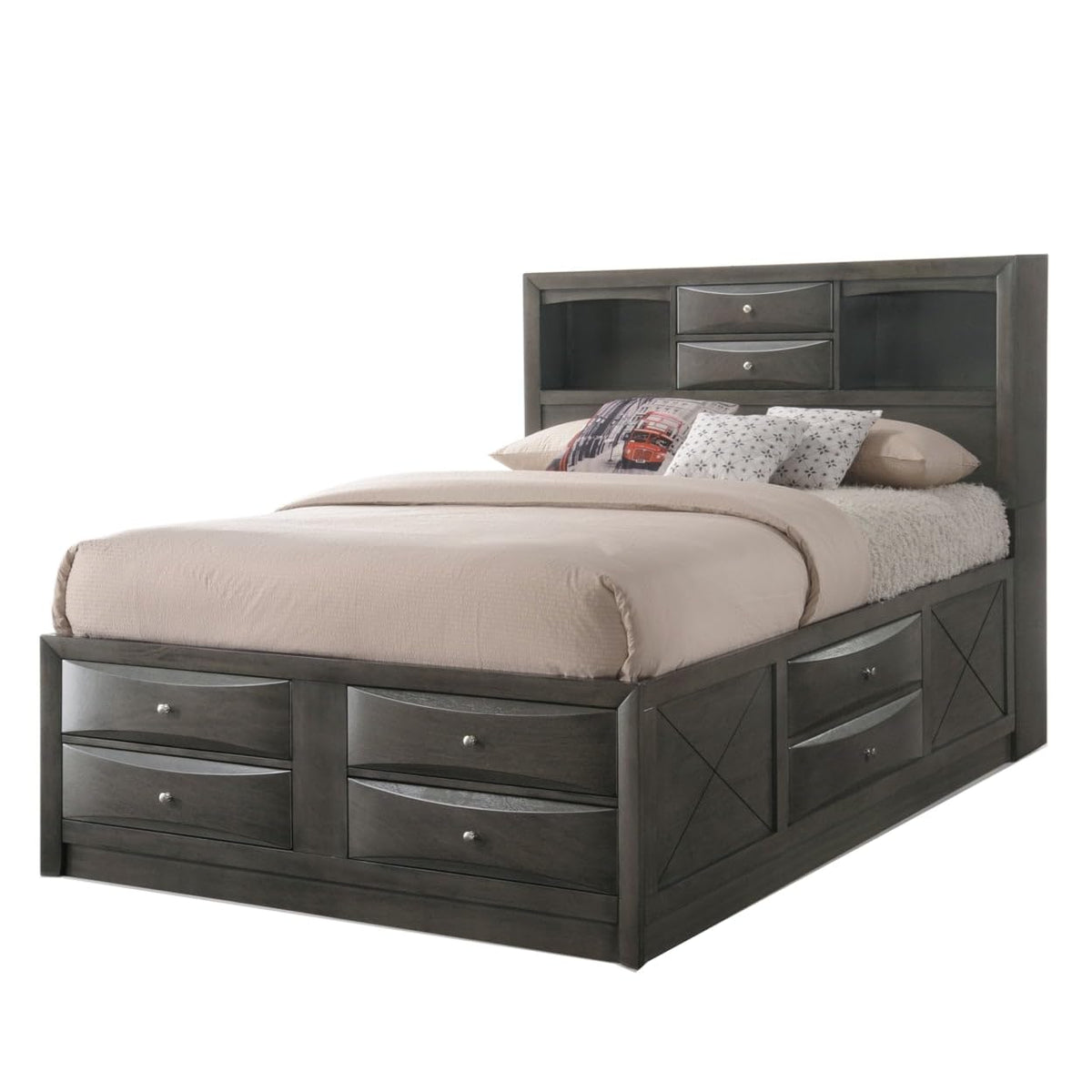 Benjara Panel Design Full Size Bed with Bookcase and Drawers, Brown