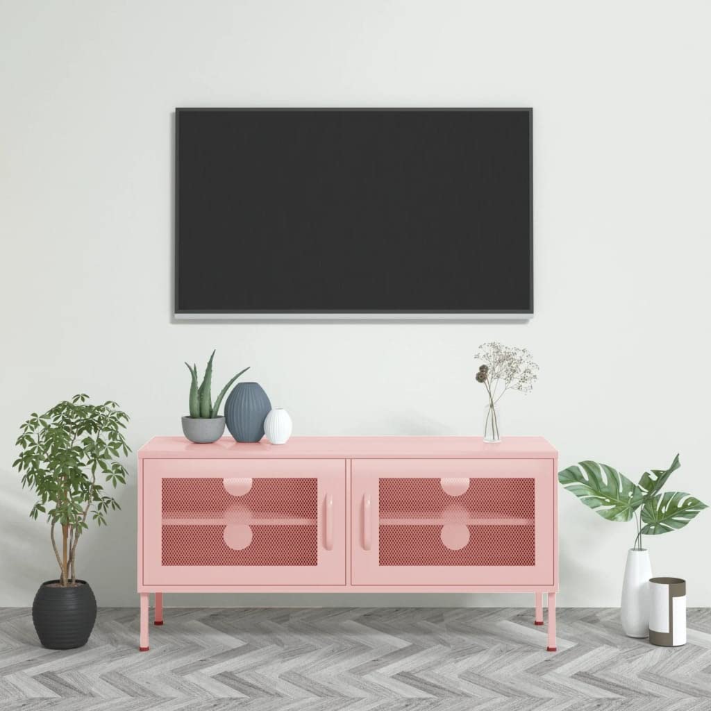 vidaXL Industrial Style TV Stand in Pink Steel, Adjustable Height, Cable Management System, 41.3"x13.8"x19.7", 2 Doors and 1 Shelf, Maximum Loading 220.5lb