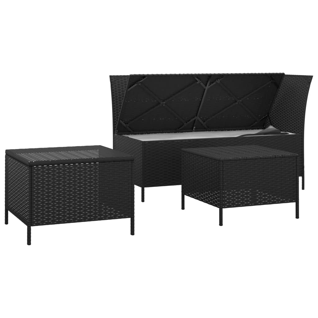 vidaXL Outdoor Patio Lounge Set, 3-Piece, Elegant Style, Ample Storage Space, with Cushions, Water-Resistant Bag, Comfortable Seating, Easy Assembly, Black Poly Rattan