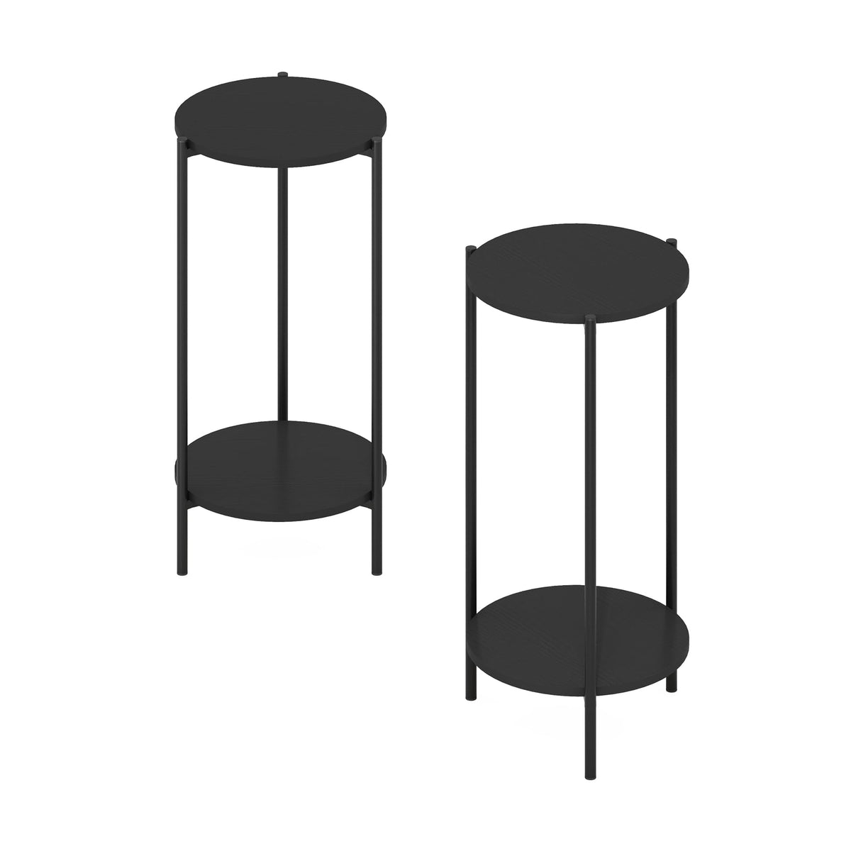 Furinno Besi 2-Tier Modern Tall Round Side End Table With Sturdy Metal Legs, Americano, Set Of 2