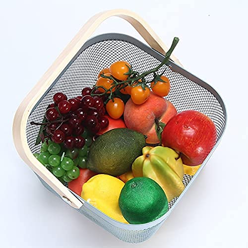 Ritmo Metal Mesh Steel Basket, Storage Organizer Basket MultiFunctional Hanging Kitchen Baskets Fruit Basket Bin With Bamboo Ha