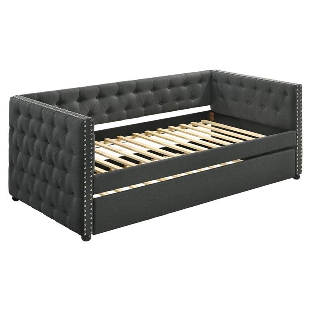 Acme Romona Button Tufted Fabric Upholstered Twin Daybed and Trundle in Gray