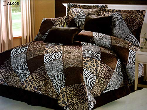 7 Piece King Safari Comforter Set - Zebra, Giraffe, Leopard, Tiger Etc - Multi Animal Print Bed In A Bag Brown Beige Black White