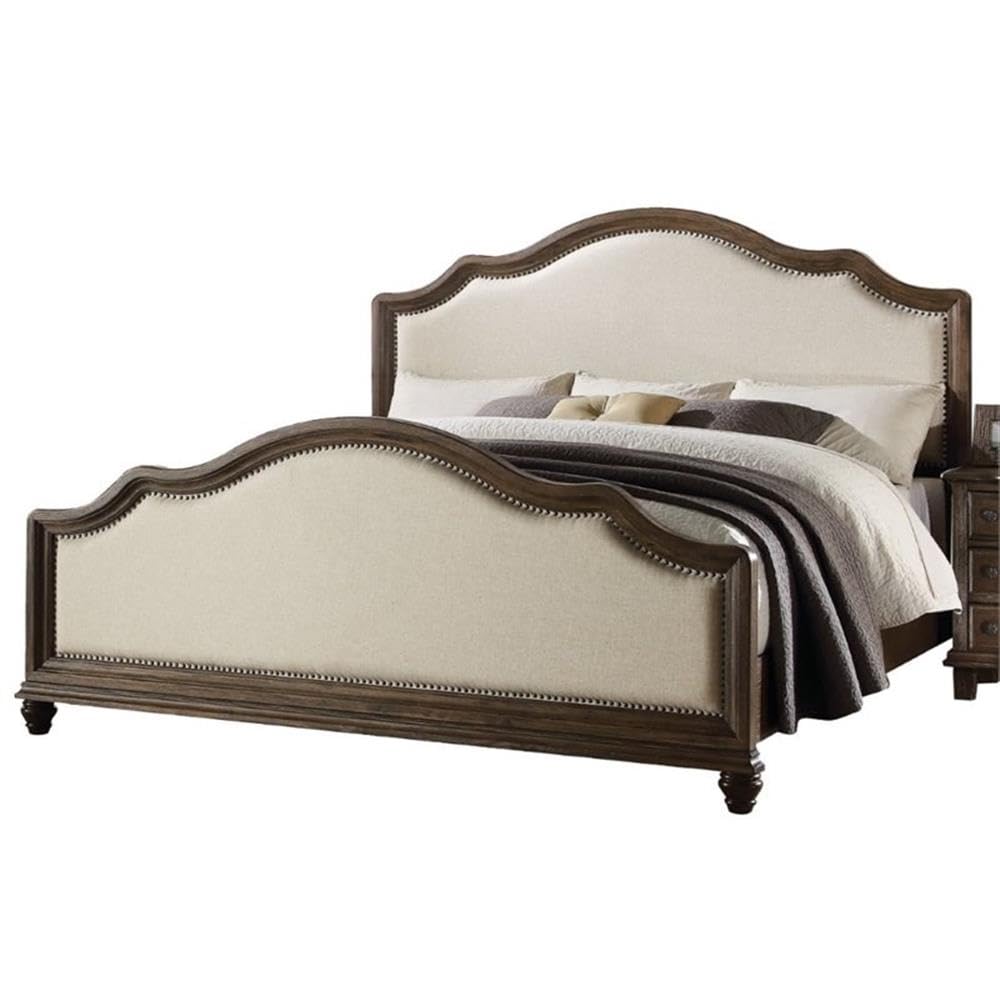 Acme Baudouin Upholstered Queen Panel Bed In Beige And Weathered Oak Fabric