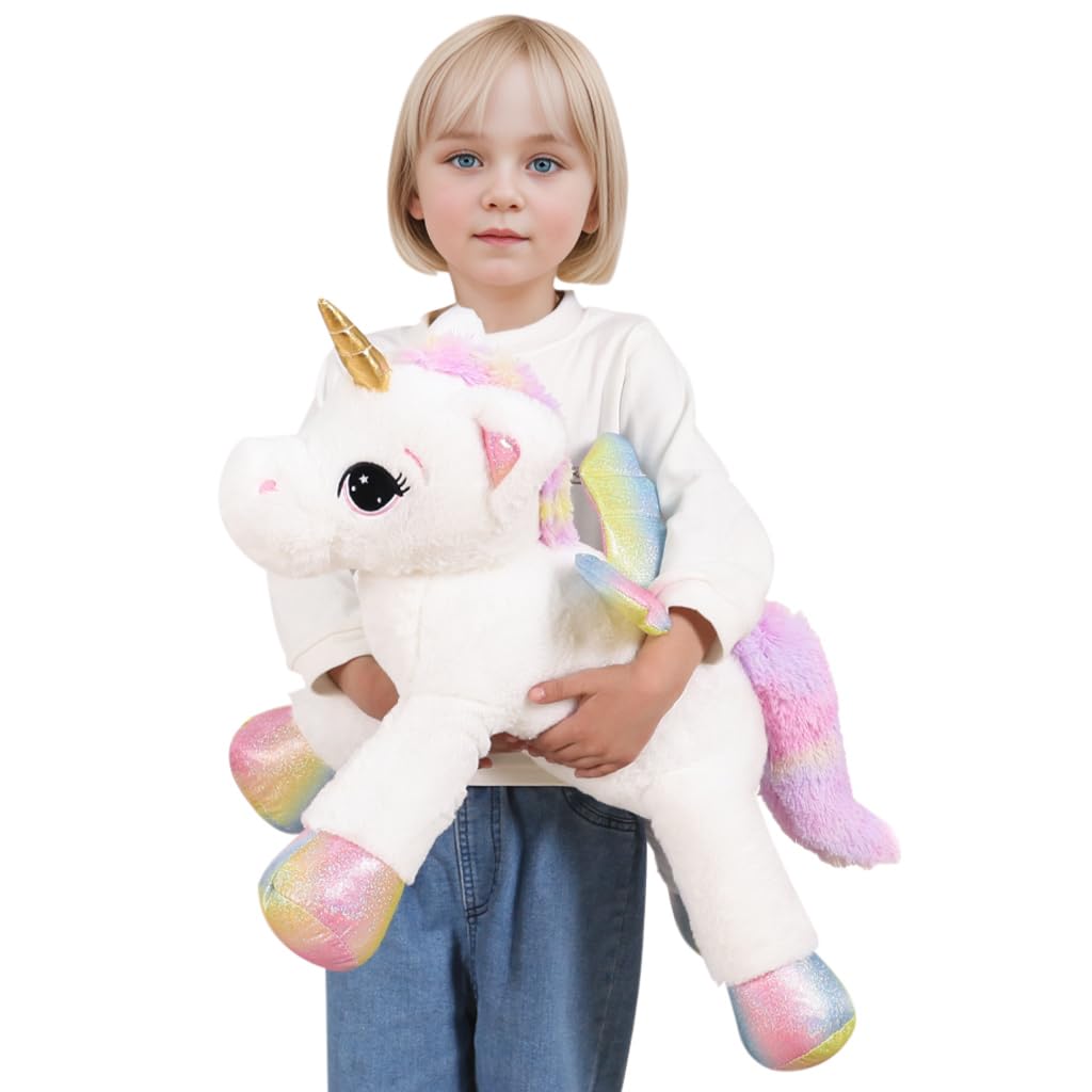 Ffxiong 24 Inch Big Unicorn Stuffed Animal Plush Toy Pillow, Cute Soft Giant Unicorn With Rainbow Wings Large Doll, Gift For Chi