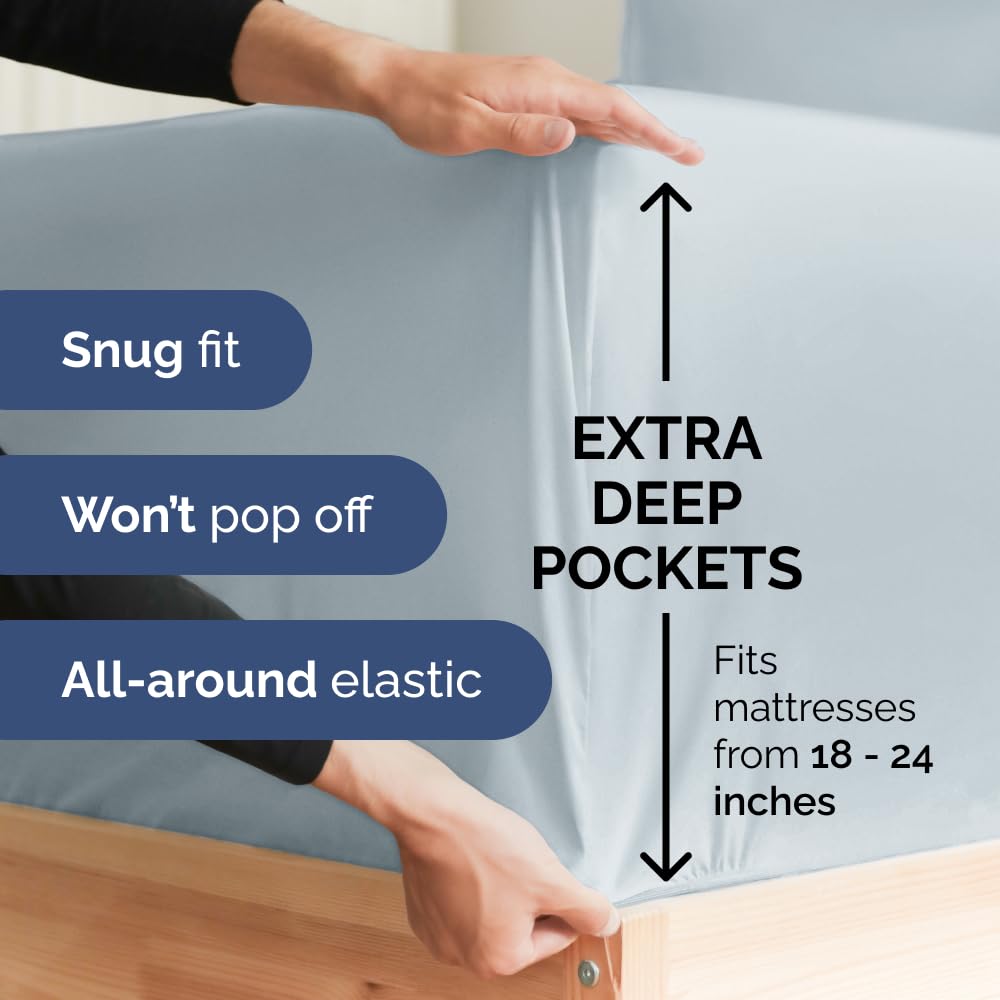 Extra Deep Pocket Cal King Sheets - 4 Piece Breathable & Cooling Bed Sheets - Hotel Luxury Bed Sheet Set - Soft, Wrinkle Free & Comfy - Easily Fits Extra Deep Mattresses - Deep Pocket Sky Blue Sheets