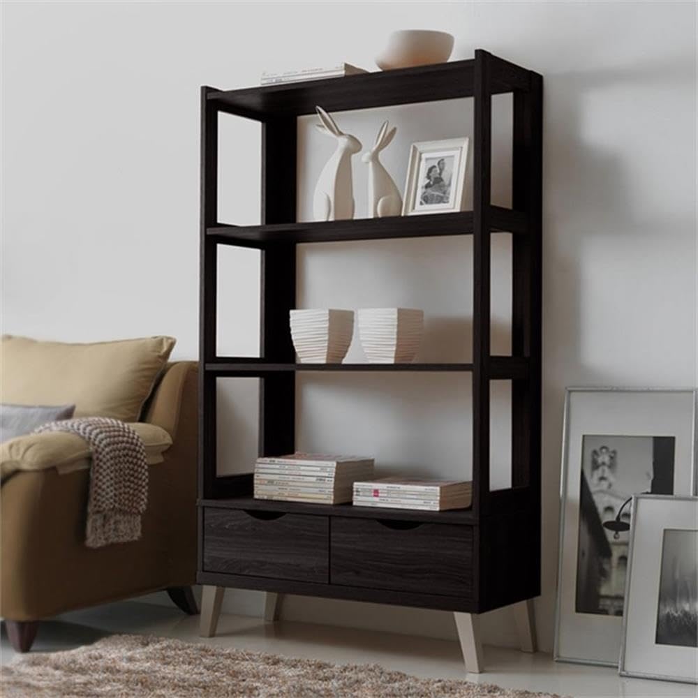 Baxton Studio Kalien Modern & Contemporary Wood Bookcase with Display Shelves & Two Drawers, Dark Brown
