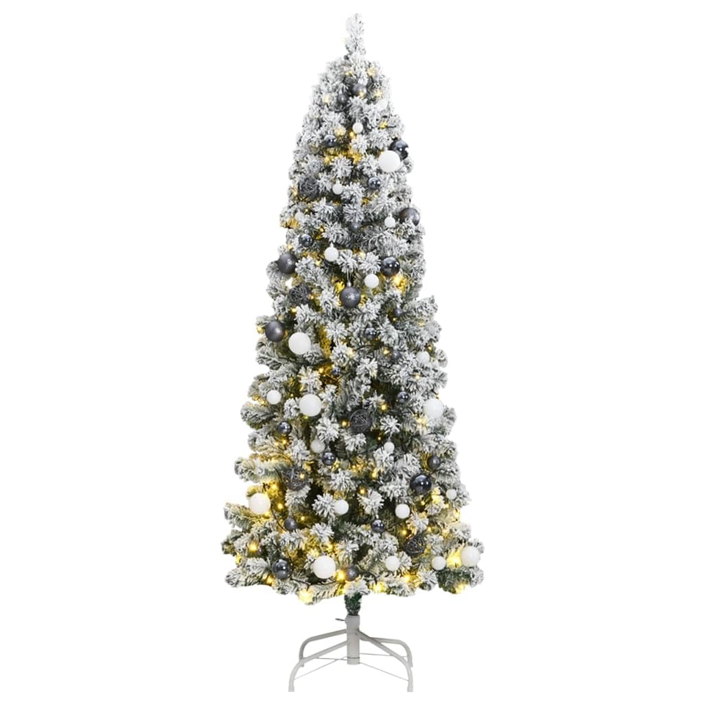 vidaXL Artificial Hinged Christmas Tree with 300 LEDs - Decorated with White Snow & Shiny Ball Set - 70.9 Inches - USB Powered - Modern Design - Green & White