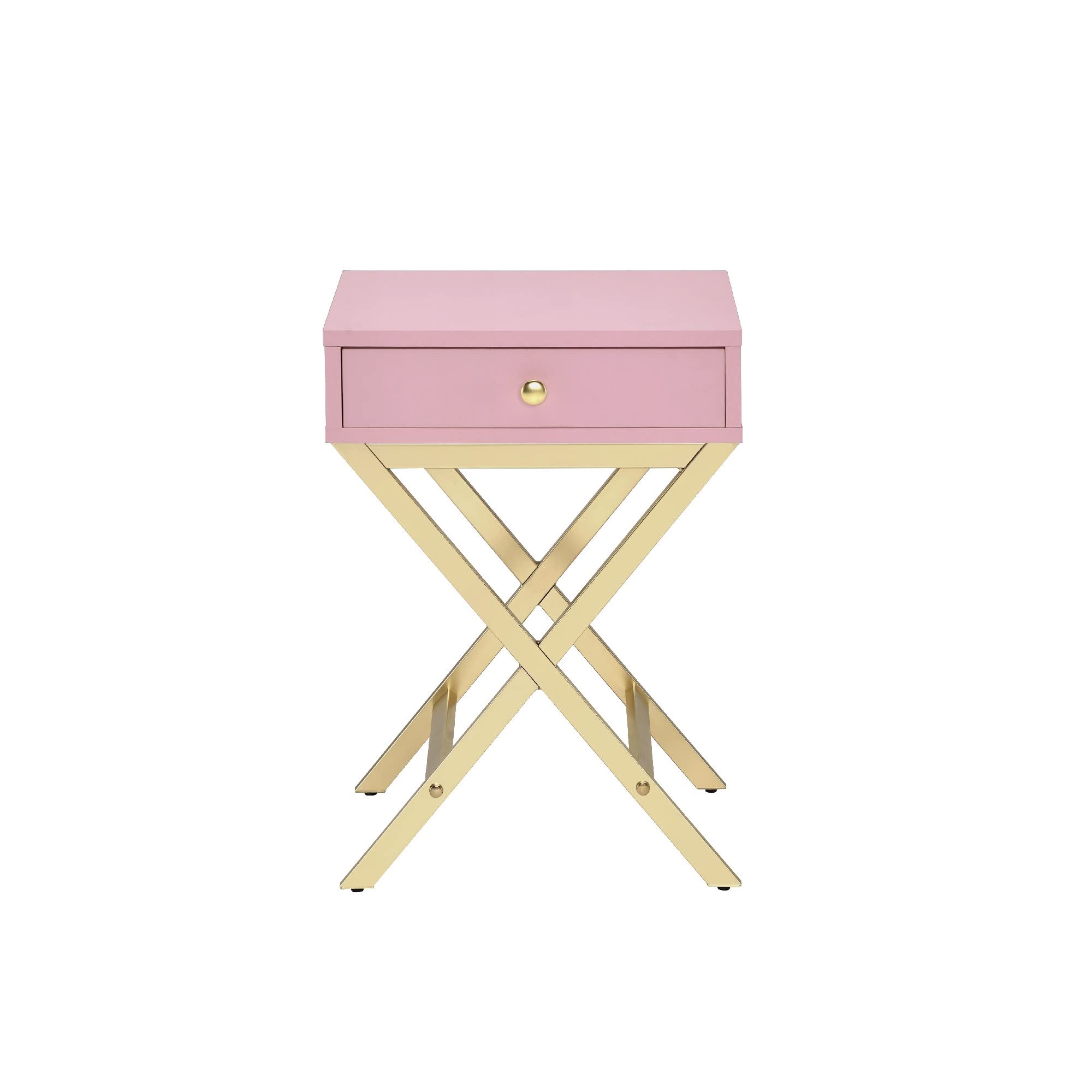 Benjara, Pink and Gold Wood and Metal Side Table with Crossed Base