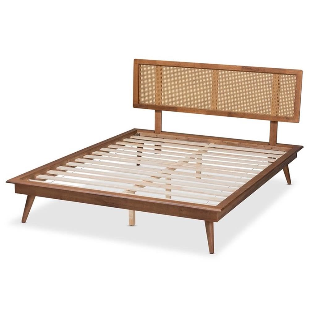 Baxton Studio Nura Mid-Century Modern Walnut Brown Finished Wood and Synthetic Rattan King Size Platform Bed