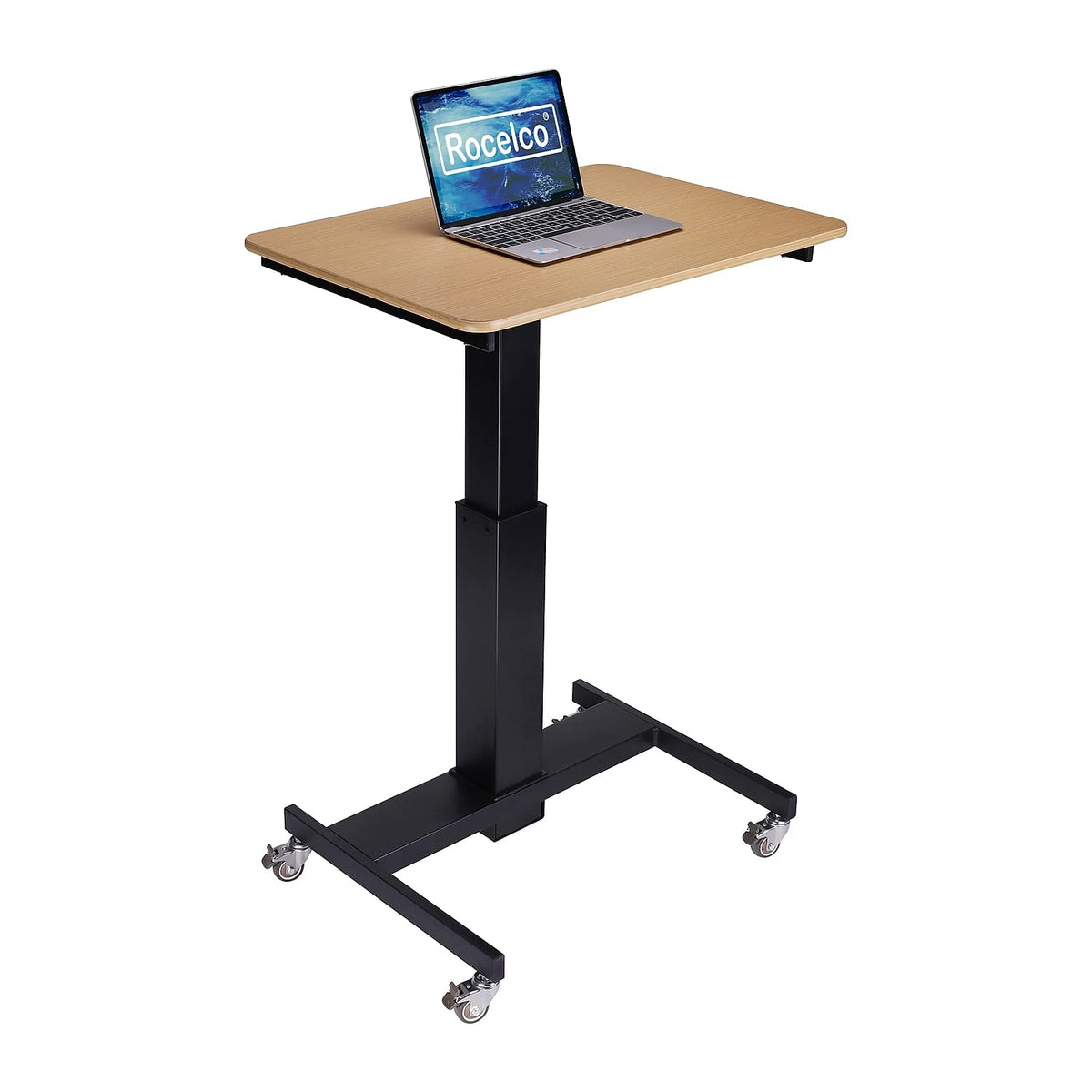 Rocelco 28&quot; Height Adjustable Mobile School Standing Desk - Quick Sit Stand Up Home Computer Workstation - Gas Spring Assist Office Laptop Riser Cart - Wood Grain (R MSD-28)