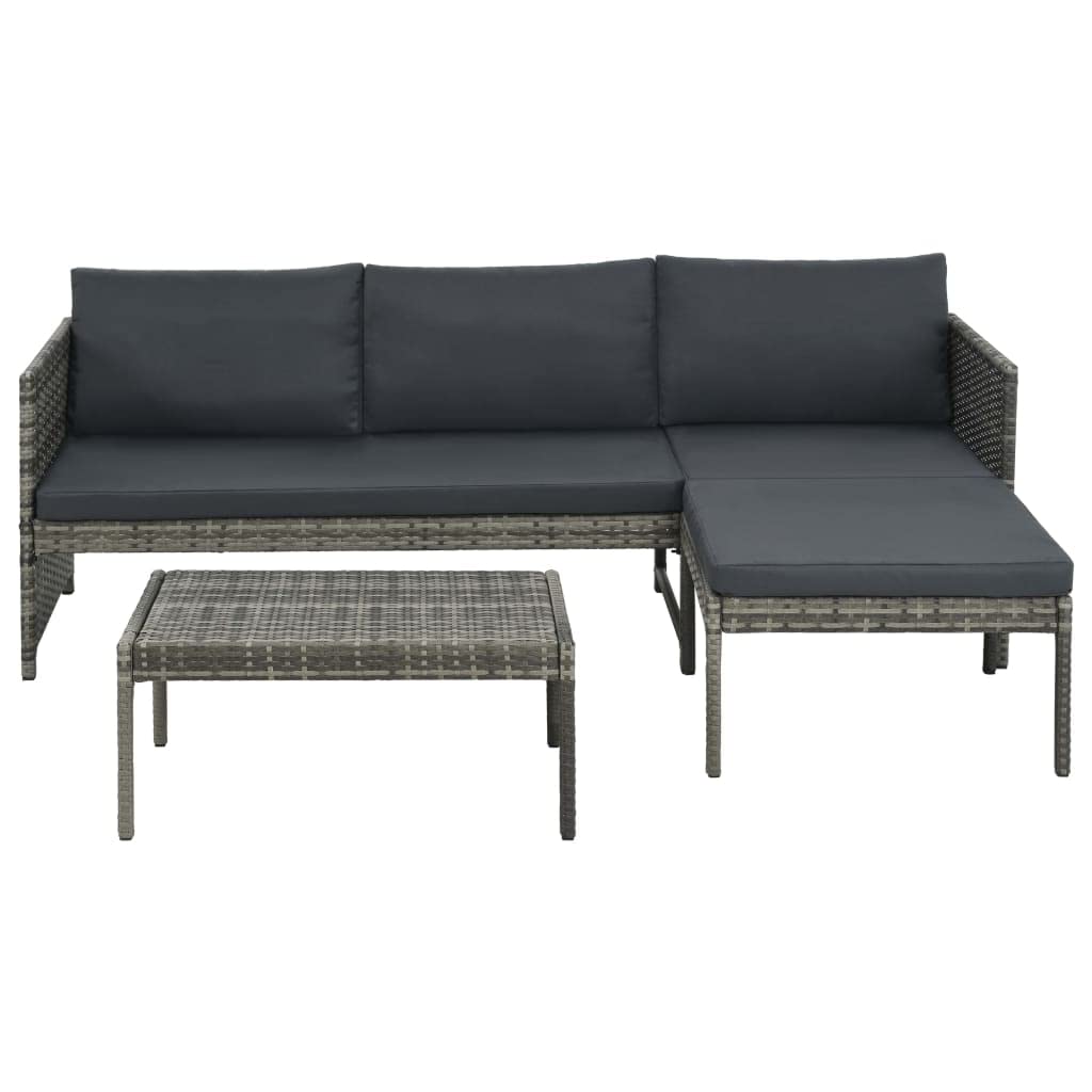 vidaXL 3-Piece Poly Rattan Patio Lounge Set with Cushions - Gray - Weather-Resistant Outdoor Furniture Set for Gardens, Patios, and Terraces - Comfortable Seating and Durable Construction