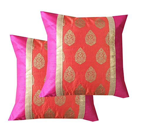 Pink Parrot Golden Print Polyester Blend Square Cushion Cover (18X 18, Bright Pink And Orange) Set Of 2