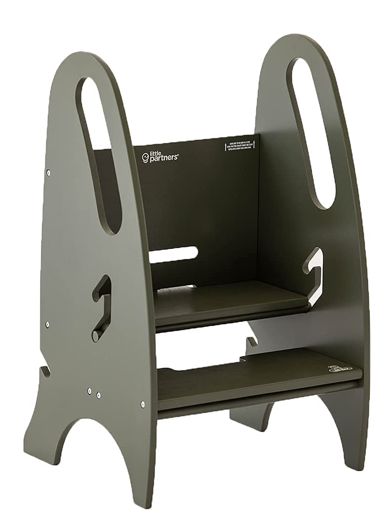 Little Partners 3-In-1 Growing Step Stool Toddler Tower Helper Step Stool, Wooden Toddler Standing Stool For Bathroom Or Kitchen, Anti-Slip Feet, Built-In Safety Hand Rails Up To 200 Lbs(Olive Green)