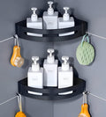 HELLEO SelfAdhesive Aluminium Bathroom Corner Shelf Rack Wall Mounted Storage Shelf with Adhesive Hooks, Black Metal Rack for B