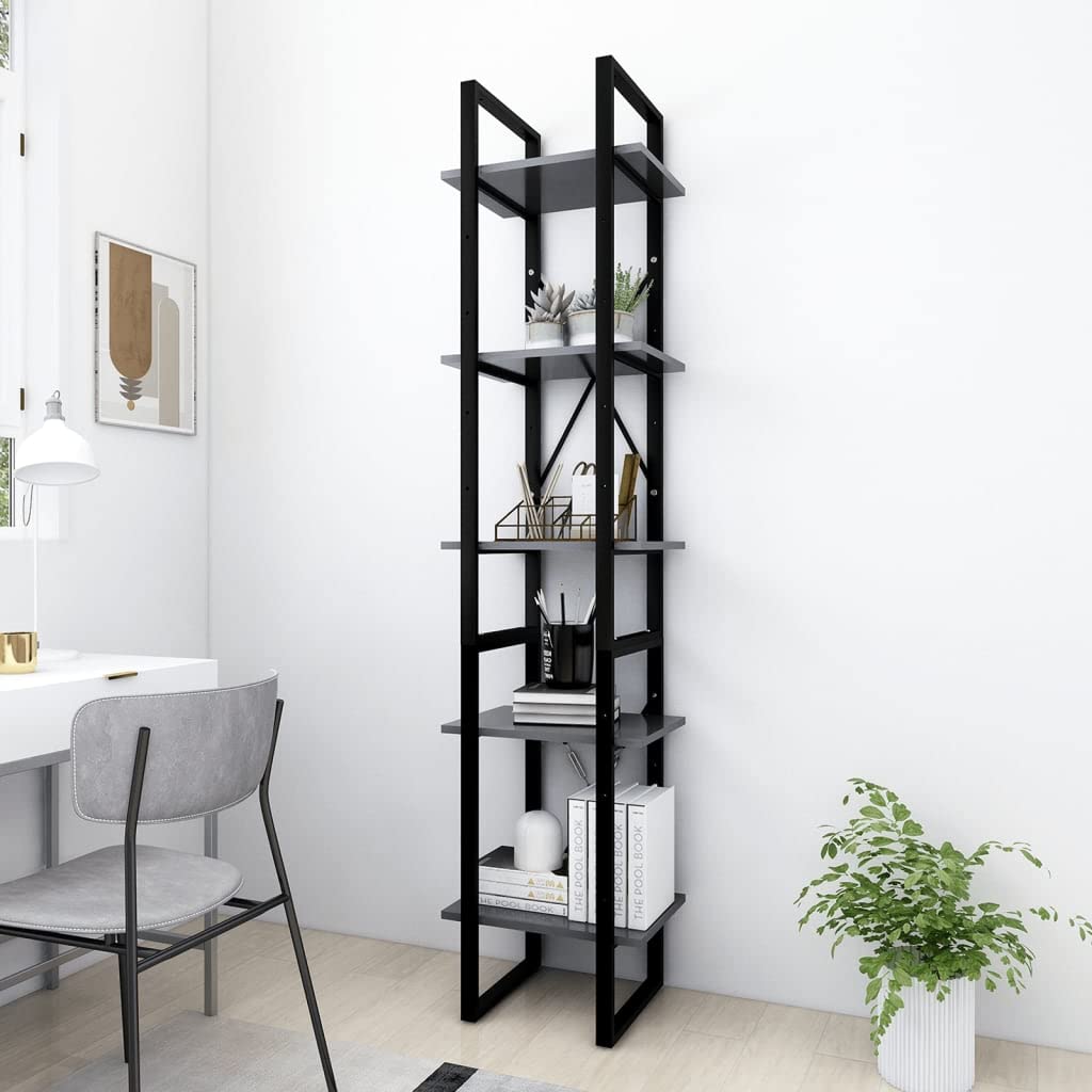 vidaXL Bookshelf Storage Shelf Shelving Unit Gray Engineered Wood/Metal Frame - Modern Freestanding Bookcase/Cabinet for Living Room/Office with 5 Shelves - 2 Cabinets, 27.6" / 41.3" High