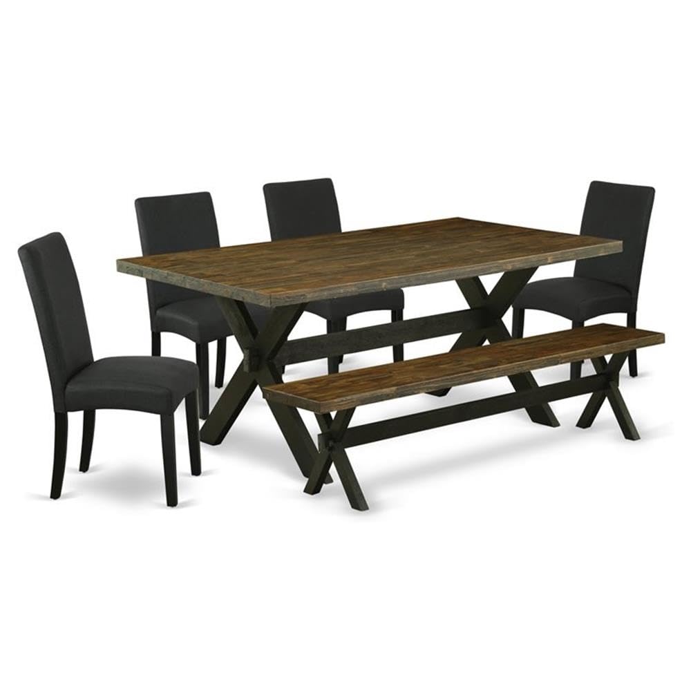 East West Furniture X677Dr124-6 6 Piece Dining Set Contains A Rectangle Dining Room Table With X-Legs And 4 Black Color Linen Fabric Upholstered Chairs With A Bench, 40X72 Inch, Multi-Color