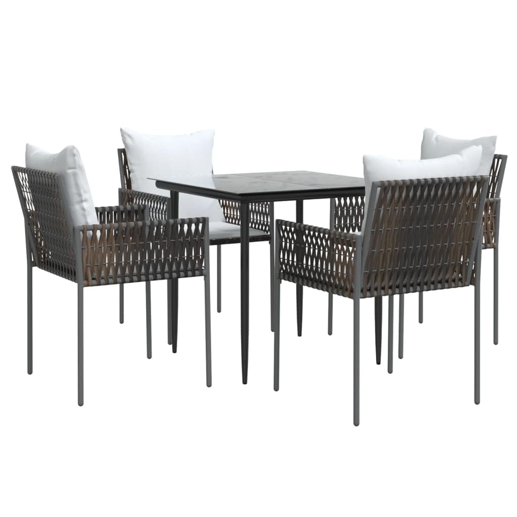 vidaXL 3-Piece Patio Dining Set with Cushions, Black Poly Rattan and Steel Frame, Tempered Glass Tabletop, Comfortable Padded Seat