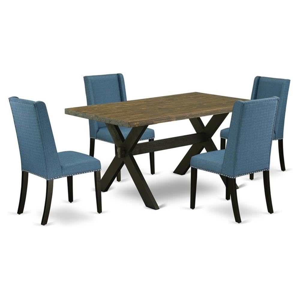 East West Furniture X676Fl121-5 5 Piece Dining Room Table Set Includes A Rectangle Kitchen Table With X-Legs And 4 Blue Linen Fabric Parson Dining Chairs, 36X60 Inch, Multi-Color
