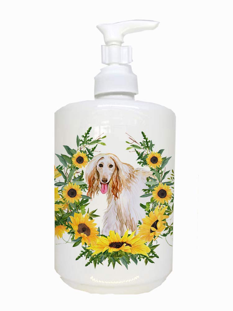 Caroline's Treasures CK2894SOAP Afghan Hound in Sunflowers Ceramic Soap Dispenser Hand Soap Dispenser Pump Bottles for Bathroom 