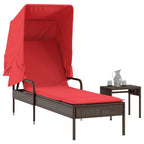 vidaXL Brown Poly Rattan Sun Lounger with Retractable Canopy, Adjustable Backrest, Cushion & Tea Table for Patio/Garden