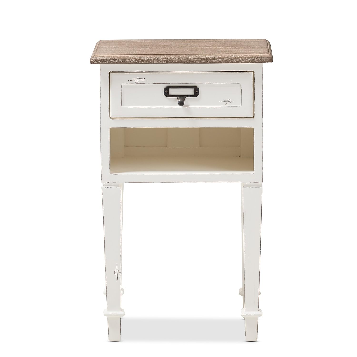 Baxton Studio Dauphine Provincial Style Weathered Oak and White Wash Distressed Finish Wood Nightstand/White/Natural/Provincial Style/MDF/Veneer Mindi/Hardwood Bayur