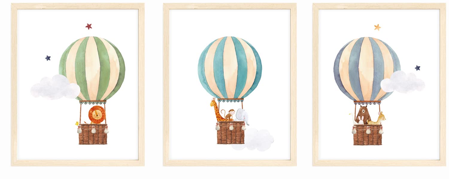 bumbleboo Nistio Hot Air Balloon Safari Animals Nursery Wall Prints, Play Room Decoration, Nursery Wall Art, Nursery Room Decor,