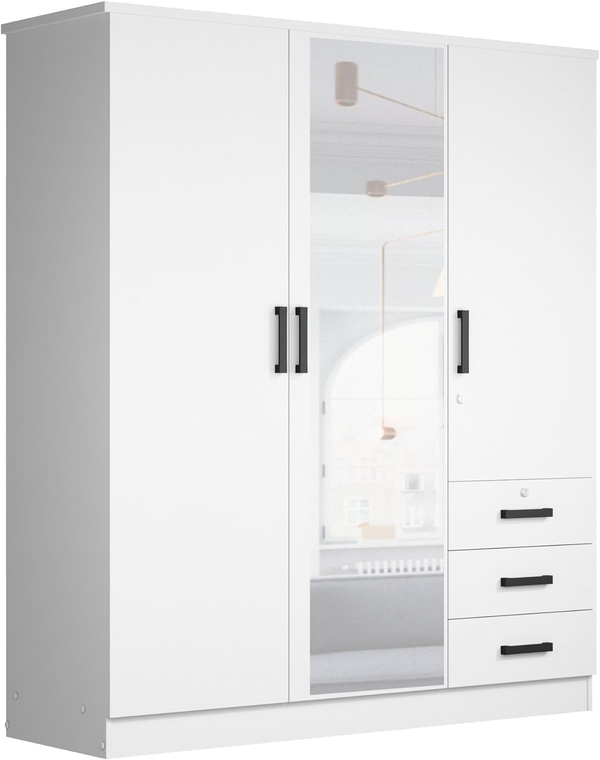 Violet Wardrobe Mirrored Door Closet 3 Doors and 3 Drawers (White)