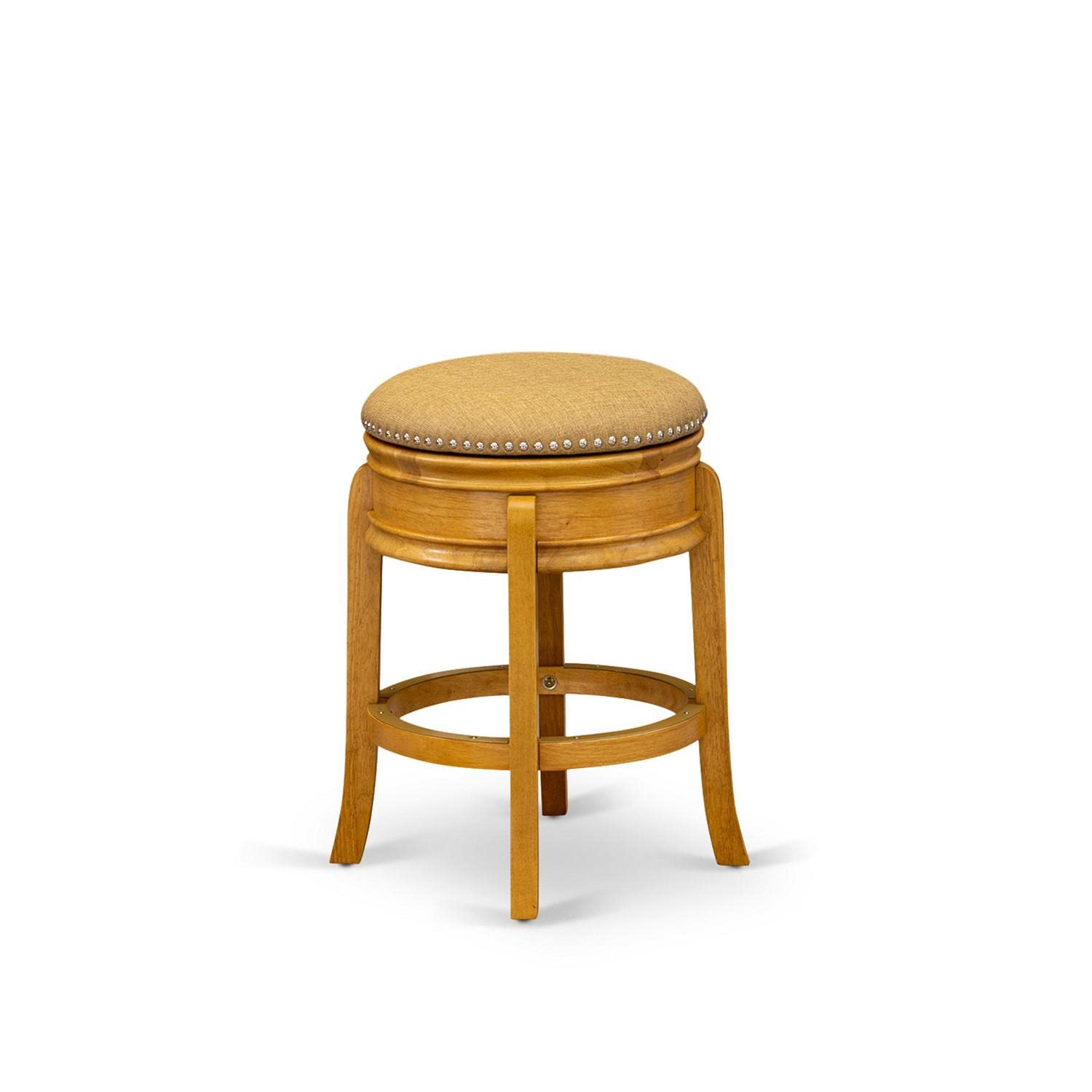 East West Furniture Ams024-416 Amherst Counter-Height Bar Stool - Round Shape Vegas Gold Pu Leather Upholstered Backless Chairs, 24 Inch Height, Oak
