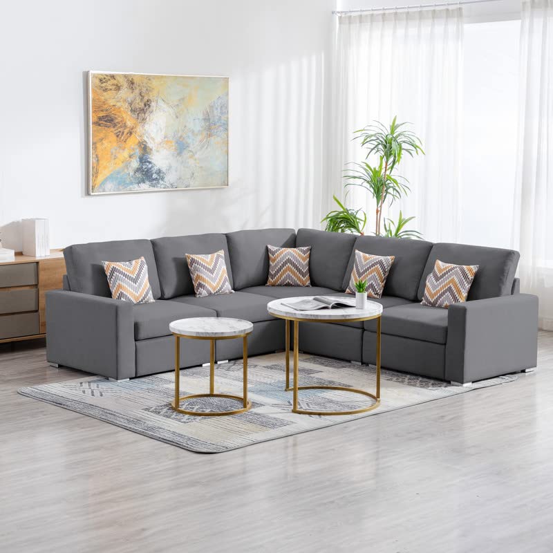 Lilola Home Nolan Gray Linen Fabric 5Pc Reversible Sectional Sofa with Pillows and Interchangeable Legs