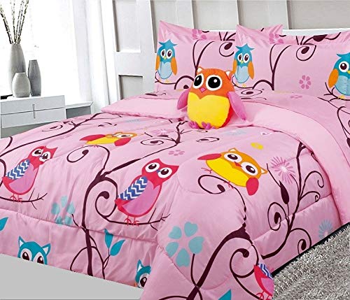 Sapphire Home 4 Piece Owl Full Kids Comforter Set - Kids Bedding - Pillow Sham, Decorative Toy Pillow - Toddler Bed Kit, Owl Pin