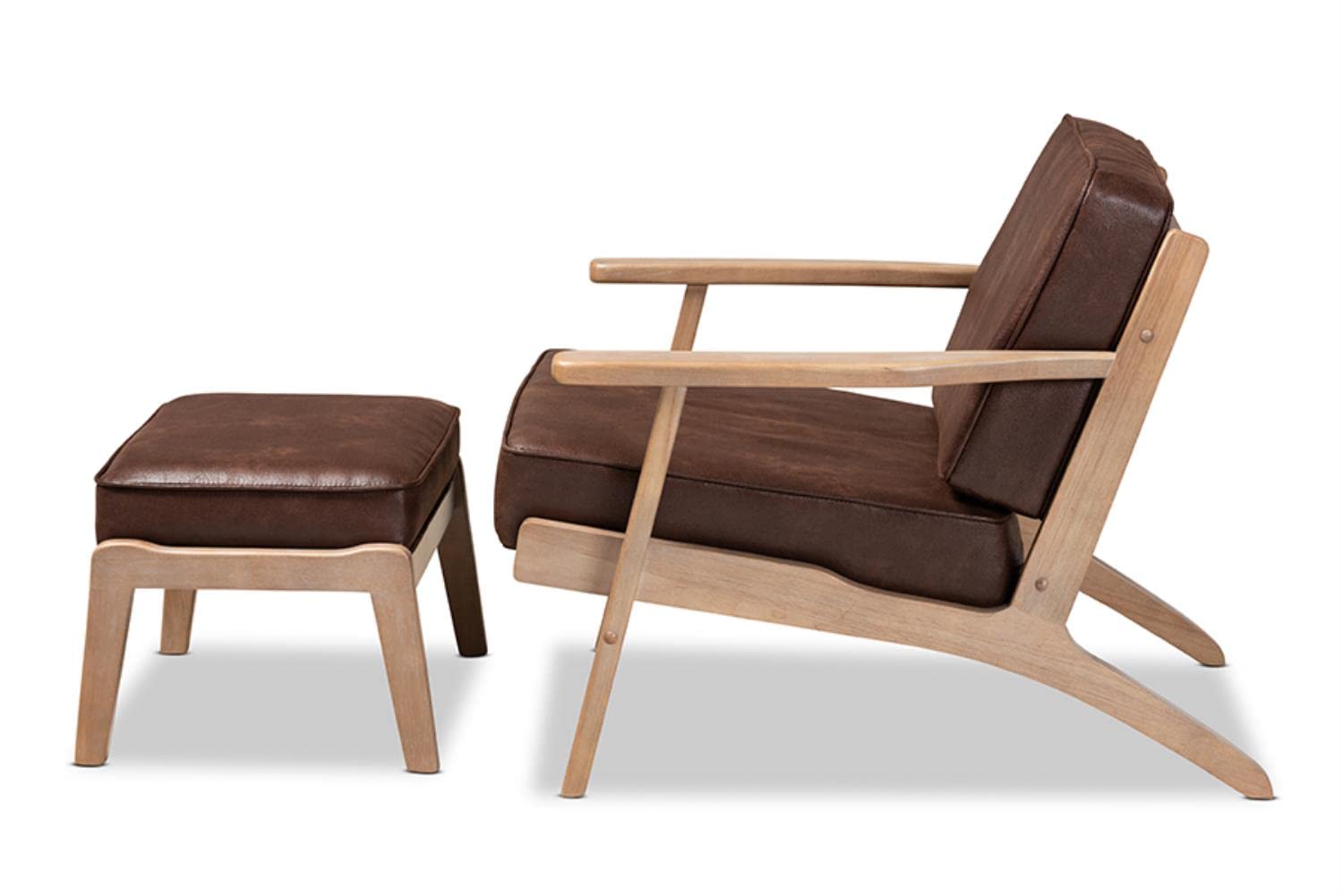 Baxton Studio Sigrid Mid-Century Modern Dark Brown Faux Leather Effect Fabric Upholstered Antique Oak Finished 2-Piece Wood Armchair and Ottoman Set