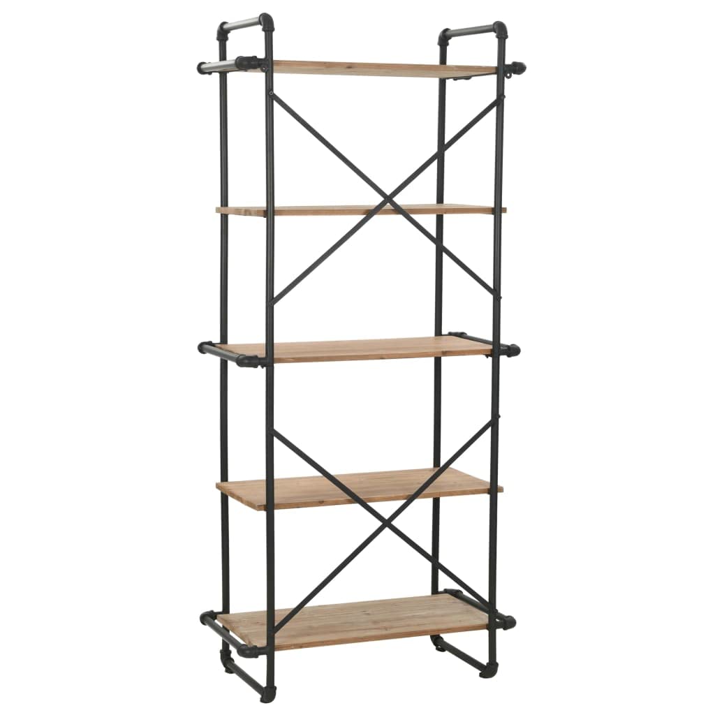 vidaXL Industrial-Style Bookcase in Black, Solid Firwood and Steel with Cross Back Structure, Dimensions: 47.2&quot;x16.5&quot;x70.8&quot;, 5-Shelf Display Unit