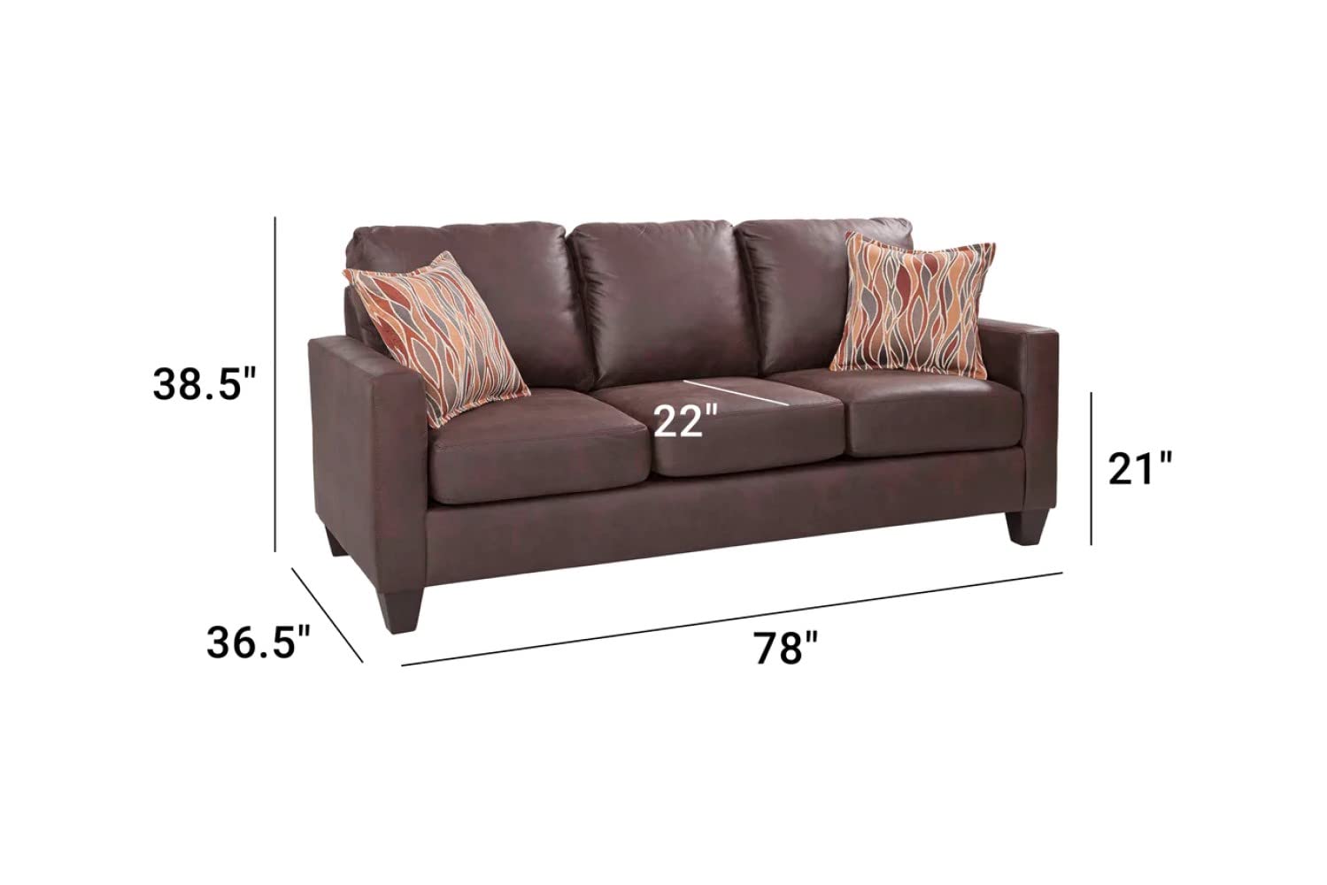 American Furniture Classics Model 8-010-A7V2 Square Arm Sofa In Pinto Brown Faux Leather With Two Accent Pillows