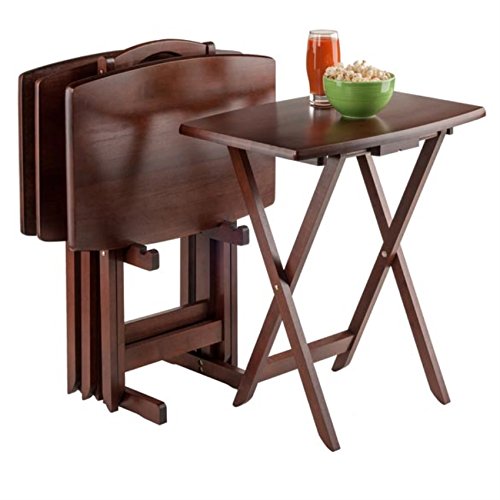 Ergode Darryl 5-Piece Antique Walnut Bed Tray and Snack Table Set - Foldable, Dining, Snacking, Work, Play - Solid Wood, Easy Care, Includes 4 Trays and Stand (23.63' W x 15.75' D x 25.5' H)