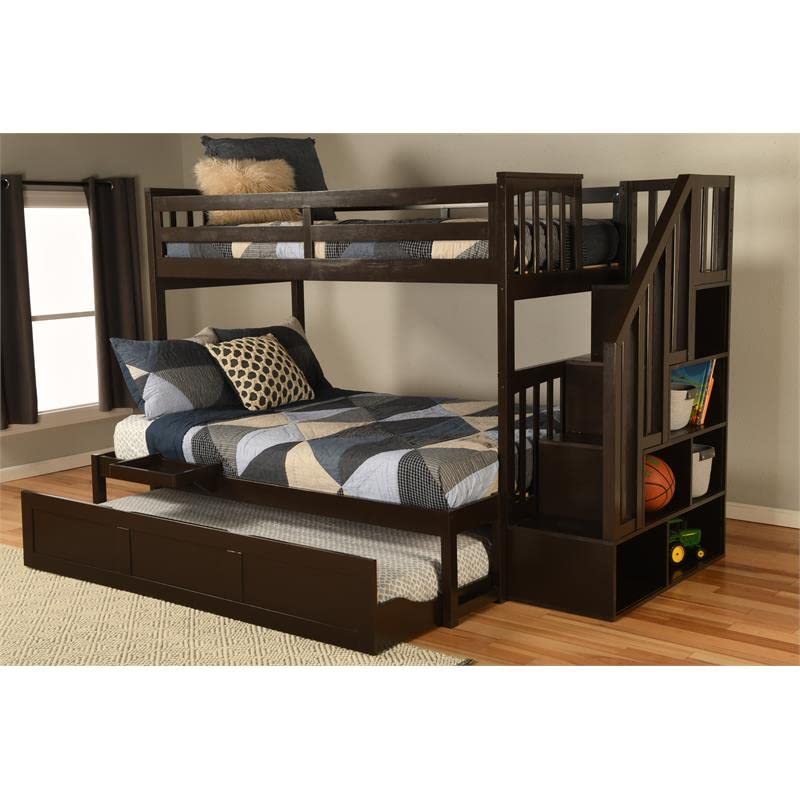 Kodiak Furniture Kelcie Twin/Full Wood Bunk Bed with Trundle and Tray in Dark Chocolate Brown