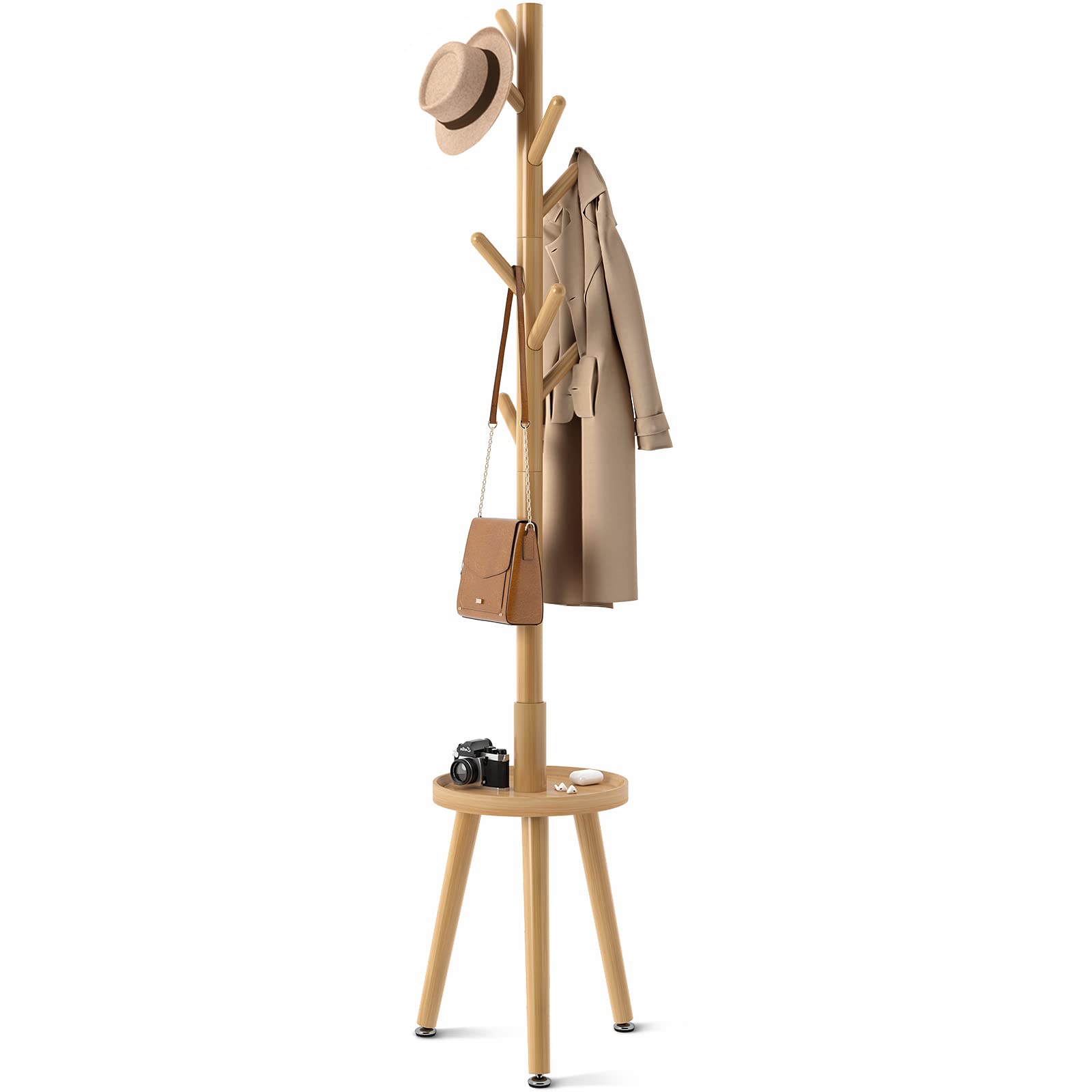 Greenstell Coat Rack With 8 Hooks, Wooden Coat Rack Freestanding With Shelf, Coat Tree With 4 Height Options 50.5'-72.6', Coat Hanger Stand For Bags, Clothes, Umbrellas, Hats, In Home, Natural