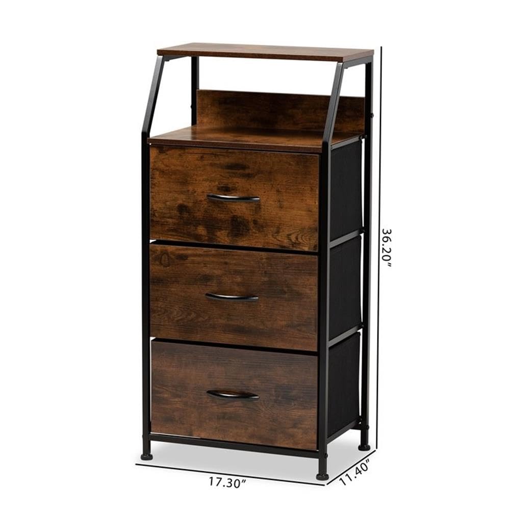 Baxton Studio Jacop Modern Industrial Walnut Brown Finished Wood and Black Metal 3-Drawer Storage Cabinet
