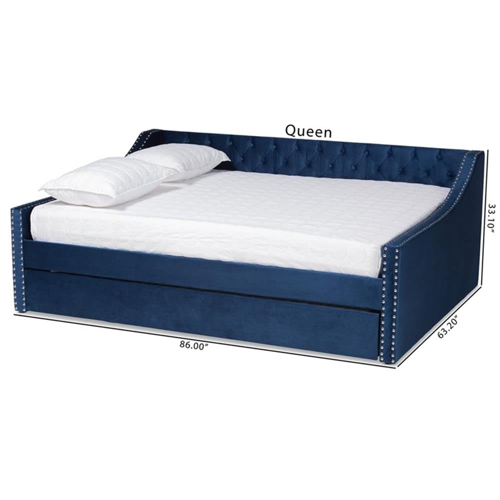 Baxton Studio Raphael Modern and Contemporary Navy Blue Velvet Fabric Upholstered Queen Size Daybed with Trundle