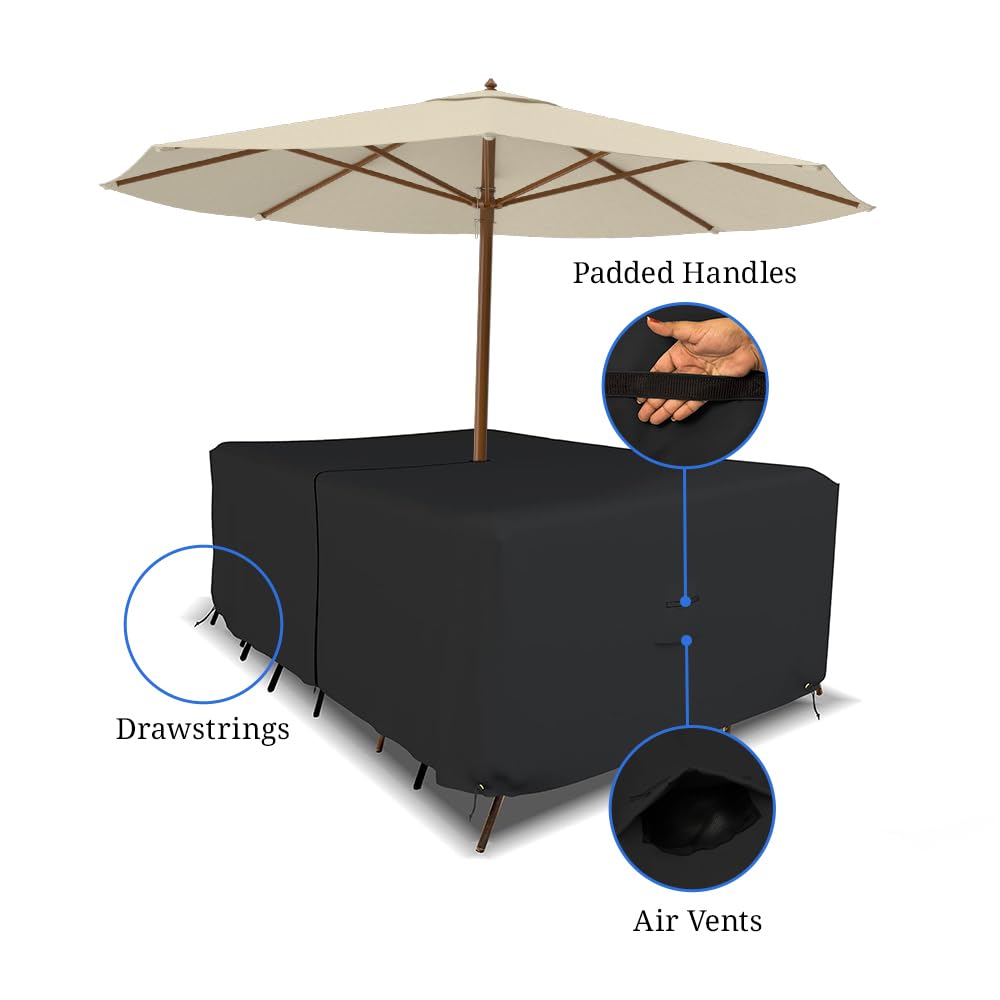 Covers & All Rectangle Table & Chair Set Cover, Umbrella Hole, 12 Oz Waterproof Uv & Weather Resistant, Patio Lawn Garden Backyard Furniture, Air Vents & Drawstrings (88'L X 58'W X 23'H, Black)