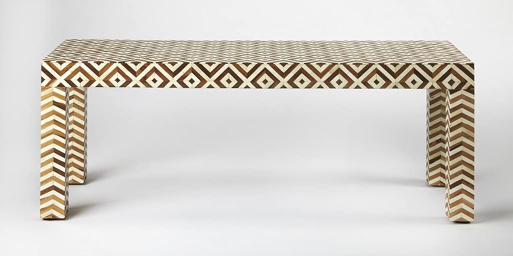 HomeRoots Light Brown Merranti Wood Solids, Bone and Teak Wood Inlays Geo and Chevron Teak and Bone Inlay Bench